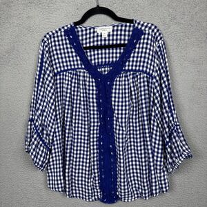 John‎ Paul Richard Top Womens 3X Blue Gingham Check Crochet Trim Cottagecore
